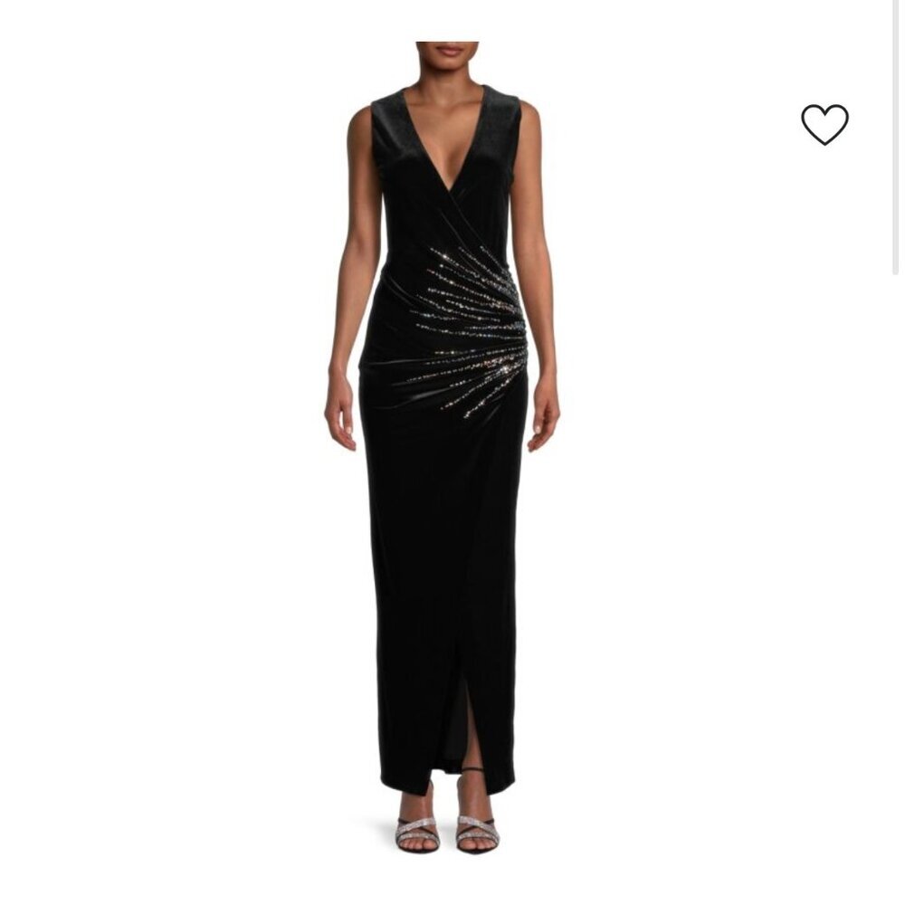 Balmain Black Velvet Embellished Ruched Slit Front Gown Dress size 46